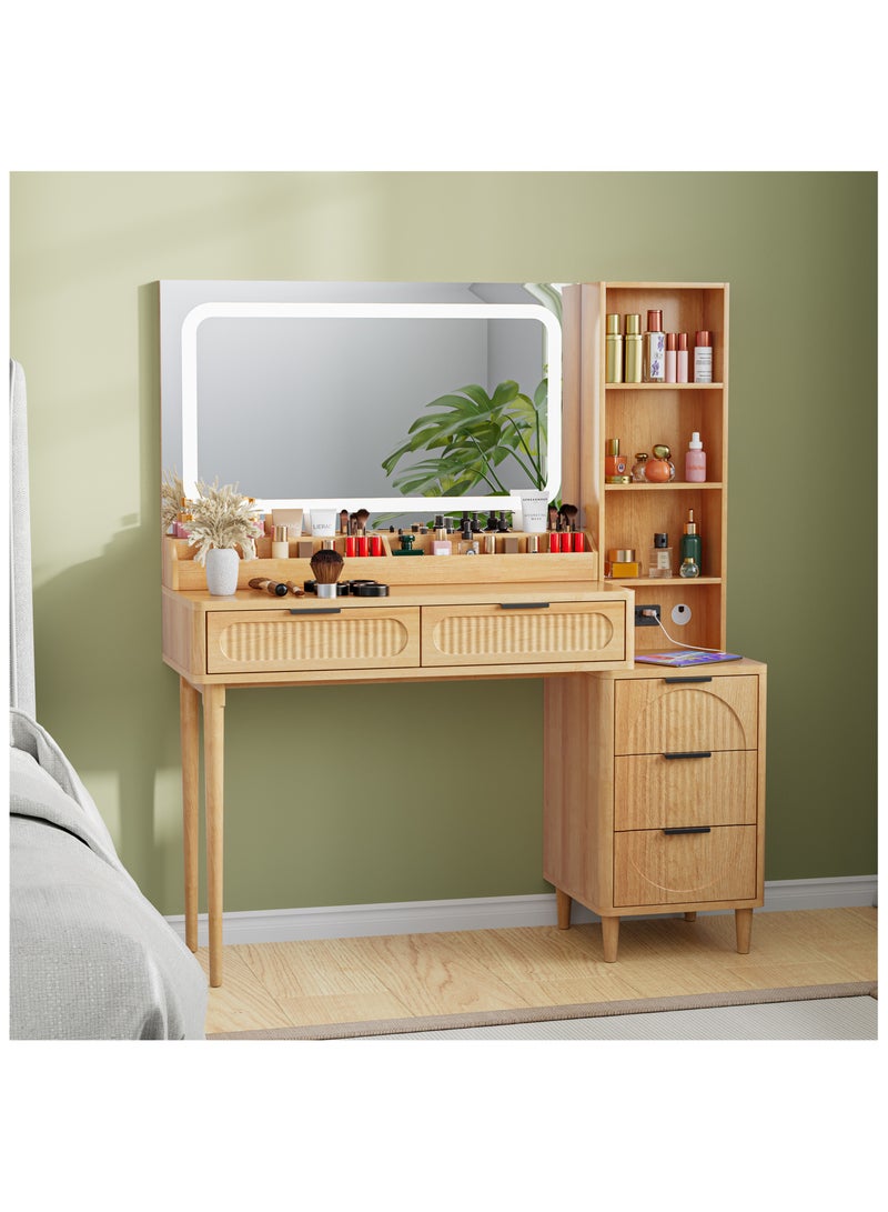 Chogori Fluted Makeup Vanity Desk, Modern Large Dressing Table with Mirror & Lights, Charging Station, 5 Storage Drawers and Open Shelf for Bedroom - Image 1