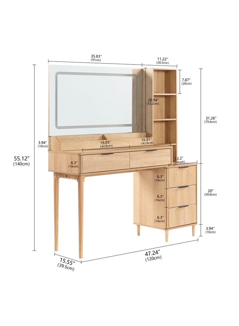 Chogori Fluted Makeup Vanity Desk, Modern Large Dressing Table with Mirror & Lights, Charging Station, 5 Storage Drawers and Open Shelf for Bedroom - Image 2
