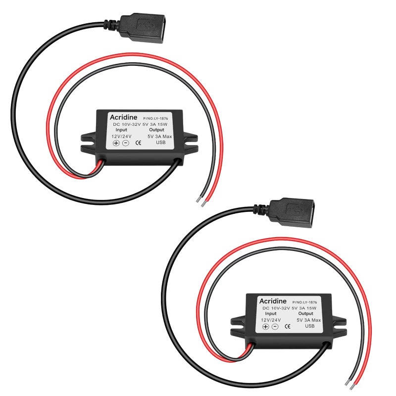 Acridine 2-Pack 12V 24V DC to 5V 3A USB Female DC Converter Adapter Buck Module - Image 1