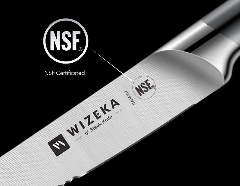 WIZEKA طقم سكاكين ستيك من 4 قطع - فولاذ مقاوم للصدأ ألماني - سكاكين ستيك بشفرة مسننة مستقيمة بطول 5 بوصات، تصميم قطعة واحدة مع صندوق، سلسلة الأجنحة الفضية - Image 5