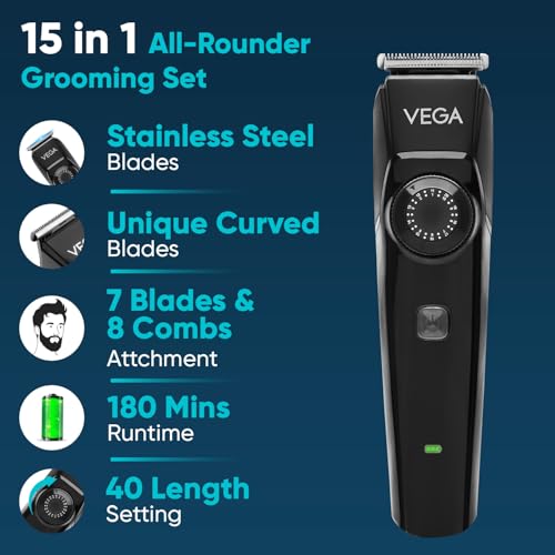 Vega مقلم فيغا OG 15 في 1 للرجال | لحية الرجال | مجموعة العناية الشاملة مع 3 ساعات من التشغيل المتواصل | للجسم، وجه الرجل، الأنف والأجزاء الخاصة | USB نوع C، ضمان لمدة سنتين، (VHTH-37) - Image 3