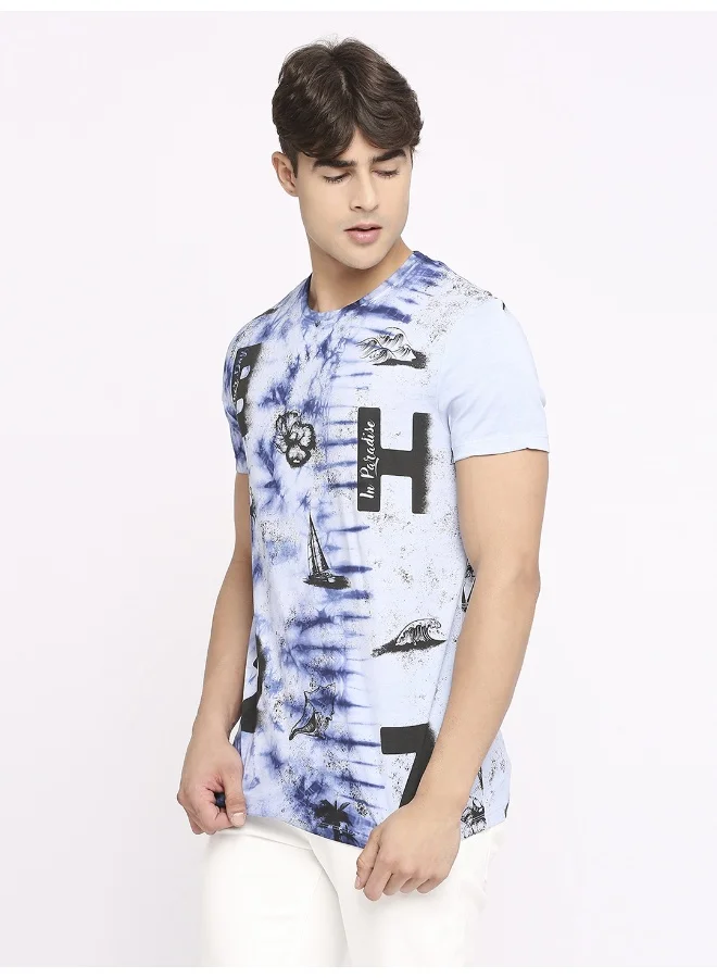 بيينغ هيومان Mens Light Blue Round Neck Short Sleeve T-Shirt