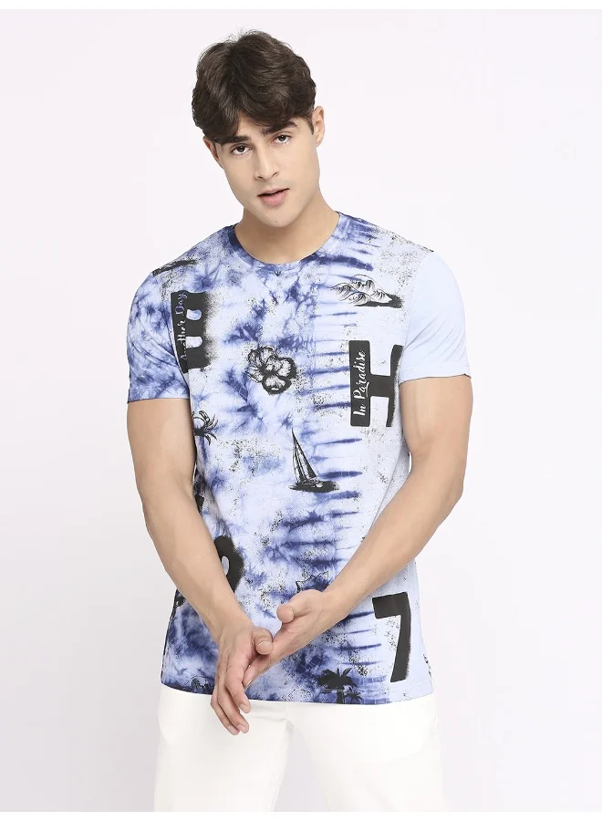 بيينغ هيومان Mens Light Blue Round Neck Short Sleeve T-Shirt