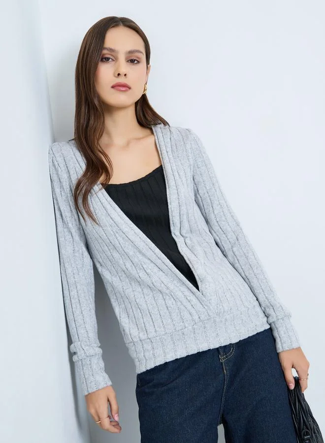 Take Two Women Grey Ribbed Knit Top