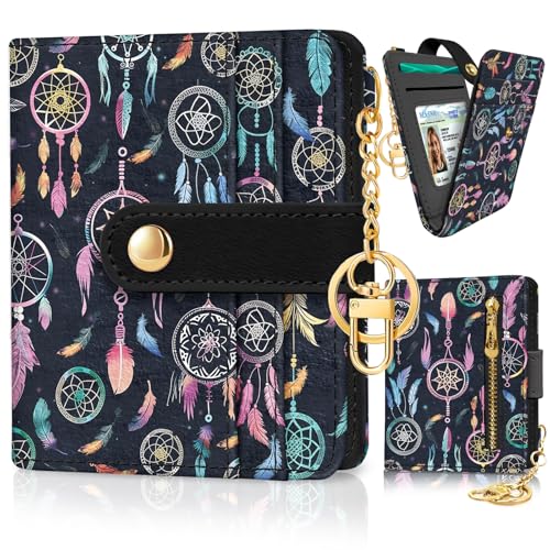 Jogjam Colorful Dream Catchers with Feathers Rfid Ladies Wallet, Small Credit Card Women Wallet, Boho Traditional Circular Net PU Leather Bifold Cash Zipper Coin Pocket for Female Blessing - Image 1