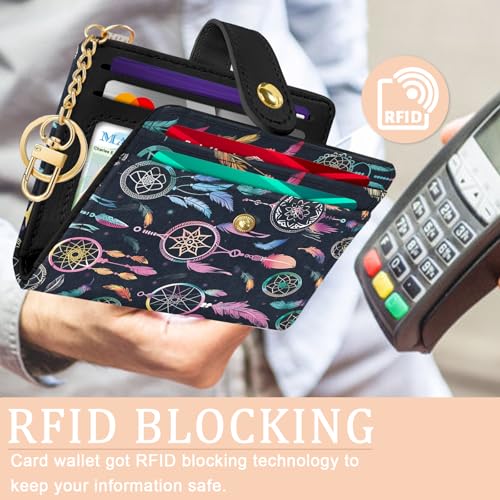 Jogjam Colorful Dream Catchers with Feathers Rfid Ladies Wallet, Small Credit Card Women Wallet, Boho Traditional Circular Net PU Leather Bifold Cash Zipper Coin Pocket for Female Blessing - Image 3