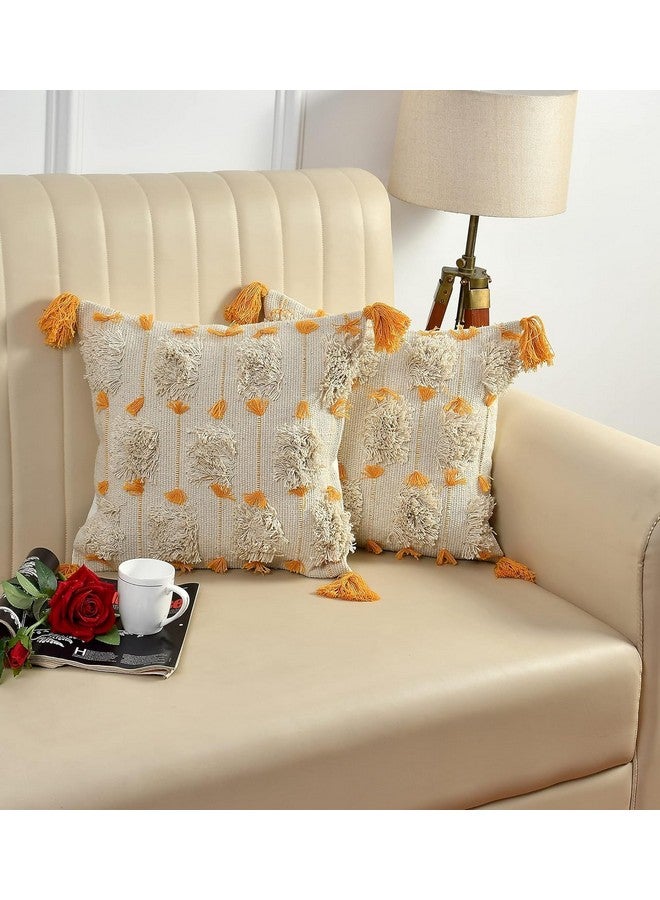 Furnistitchs Furnistitchs Premium Decorative Throw Cushion Pillow Cover Boho Home Decor - Living Room Bedroom Couch Sofa Cushion Covers 16 inch x 16 inch (Mustard Tassels, 2) - Image 1