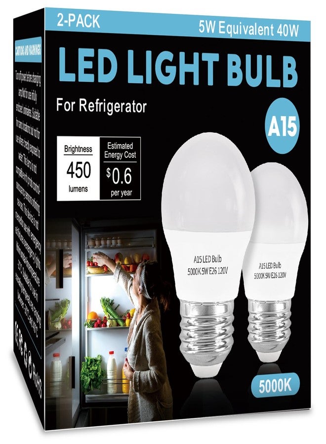LOXYEE LED Refrigerator Light Bulb 2 Pack，Daylight White 5000K 120V 40W Equivalent Appliance Bulb，A15 5W E26 Base Waterproof Fridge Light Bulbs for Freezer Home Lighting,Small Light Bulb,Dimmable - Image 1