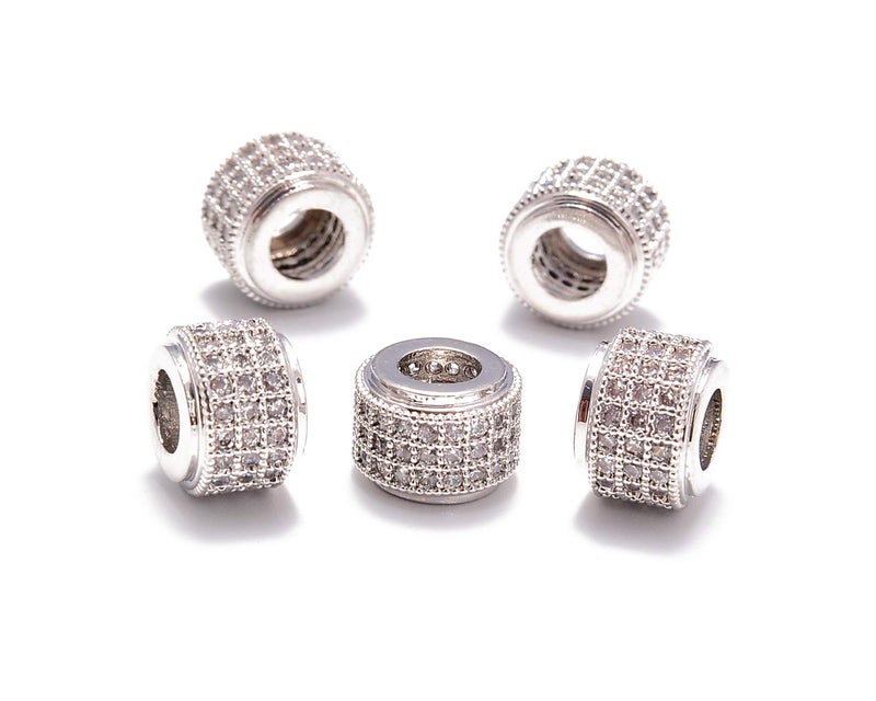 AD Beads Zircon Pave Rhinestones Big Hole Rondelle Spacer Beads 6x7mm 5Pcs Clear on Silver
