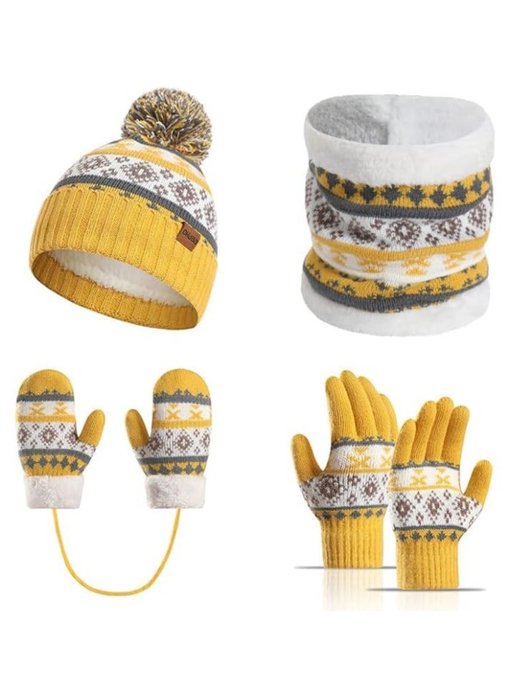 Children's Hat, Scarf, and Gloves Set 4-in-1 Patterned Winter Knit Wool Hat for Boys and Girls Fleece-Lined Neck Warmer, Mittens and Gloves Suitable for Ages 3-8 - Image 1