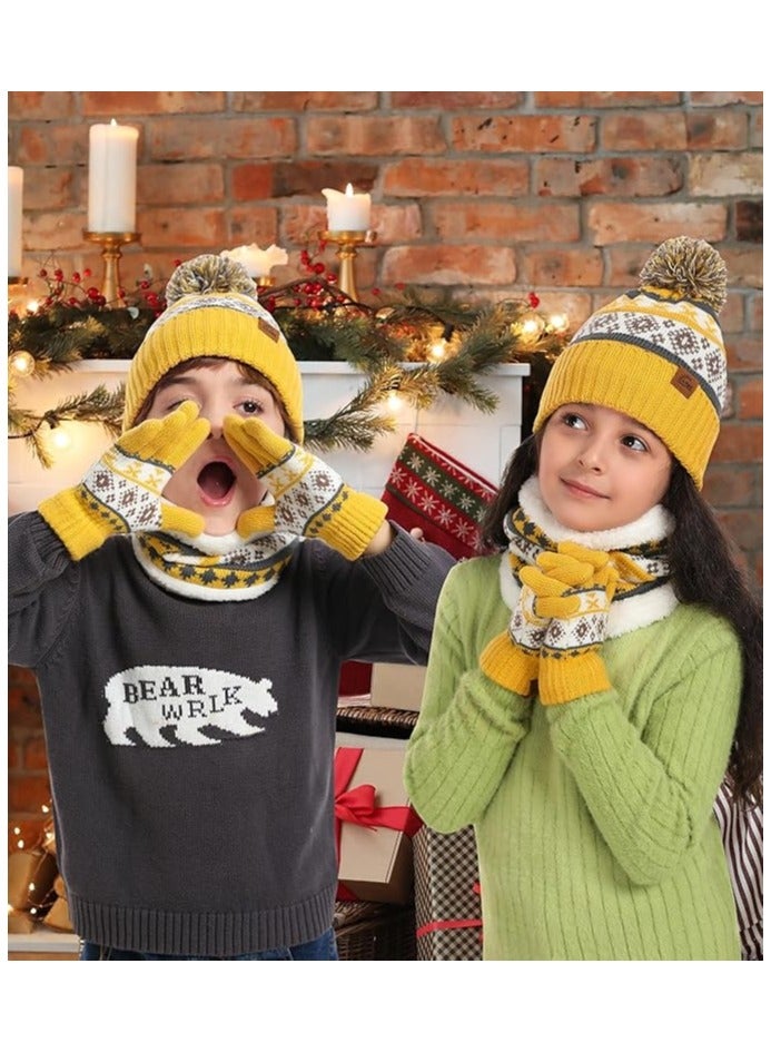Children's Hat, Scarf, and Gloves Set 4-in-1 Patterned Winter Knit Wool Hat for Boys and Girls Fleece-Lined Neck Warmer, Mittens and Gloves Suitable for Ages 3-8 - Image 2