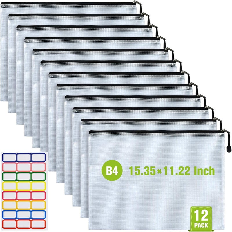 ASTEN 12 Pcs Plastic Mesh Zip File Bags, Waterproof Tear-Resistant Document File Folders, B4 Size Zipper Documents Pouch Document Organizer Bags for School Office Home Travel Storage(15.35×11.22Inch) - Image 1
