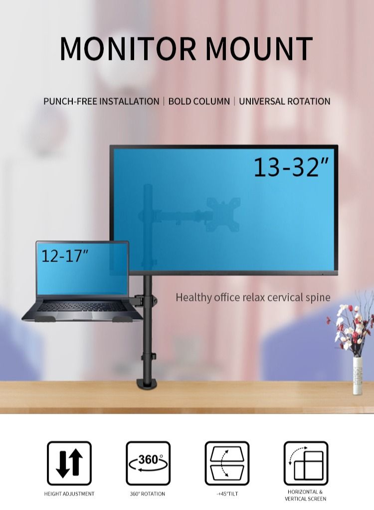 Adjustable Laptop Monitor Mount, Single Monitor Desk Mount holds 32 inch, Laptop Notebook Desk Mount Stand Fits up to 17 inch