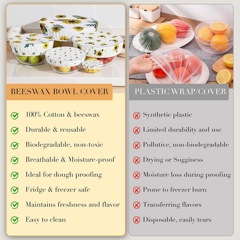 Tirphy 5-Size Reusable Bowl Covers for Bread Proofing - Beeswax Bowl Covers Reusable 4/6/8/10/12 Inch - Elastic Cotton Cloth Sourdough Cover - Shower Caps for Sourdough Bread (Flower style) - Image 4