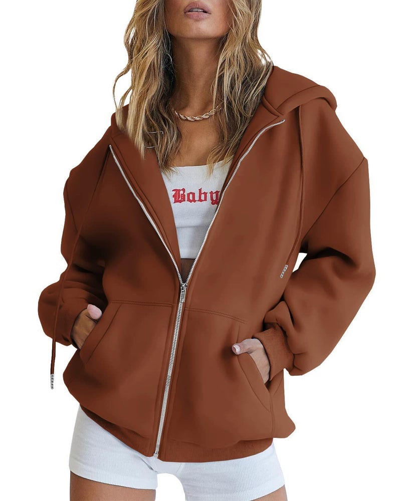 Womens Cute Hoodie Autumn Casual Zip-up Sweatshirt Coffee - Image 1