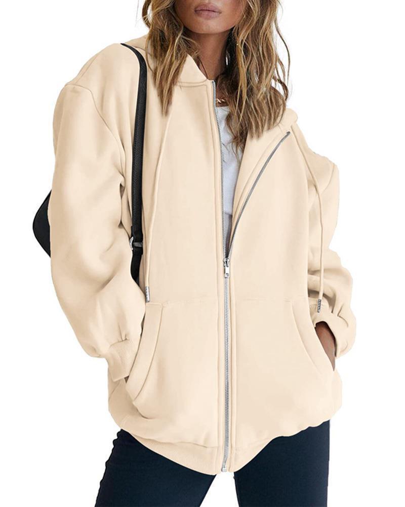Womens Cute Hoodie Autumn Casual Zip-up Sweatshirt Coffee - Image 5