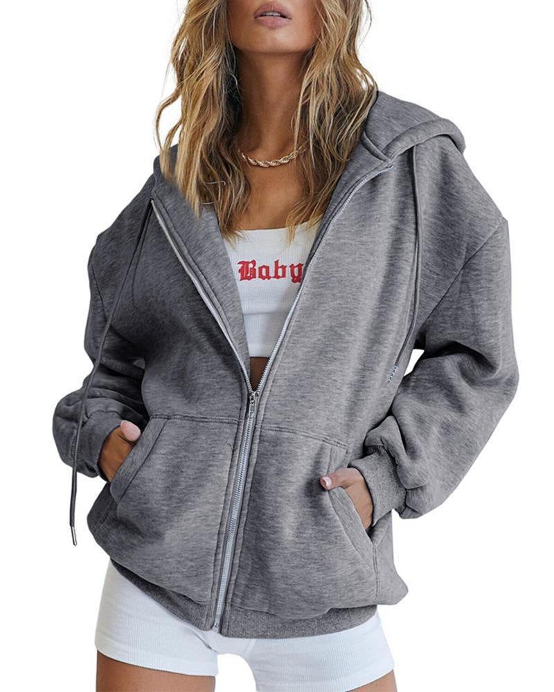 Womens Cute Hoodie Autumn Casual Zip-up Sweatshirt Coffee - Image 3