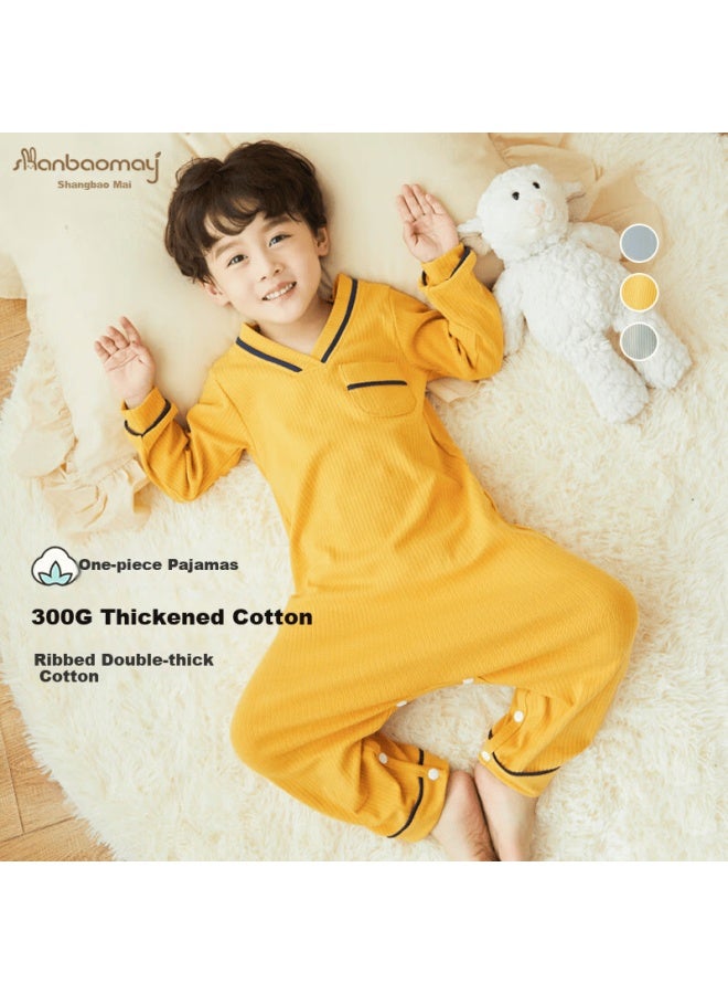 SHANBAOMAY Shangbao Maichun Autumn And Winter Children's Thickened Cotton One-piece Pajamas Baby Warm Sleeping Bag Homewear Anti-kick Uni Kids Ginger Yellow Size 140 - Image 1