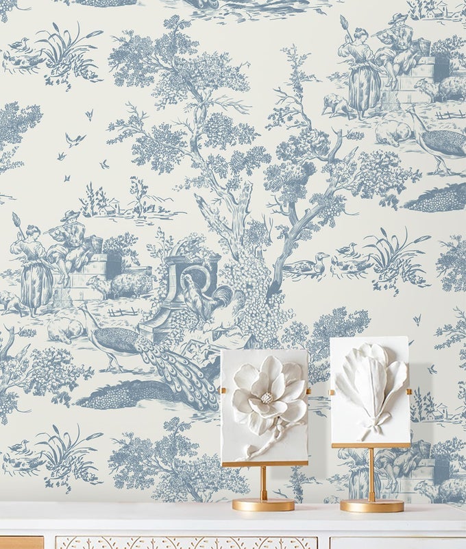 16IN197IN WHITE AND BLUE PEEL AND STICK WALLPAPER FOR BEDROOM REMOVABLE SELFADHESIVE WALL PAPER VINTAGE TOILE CONTACT PAPER FOR CABINETS SHELF DRAWER COUNTRY WALLPAPER WALLS COVERING