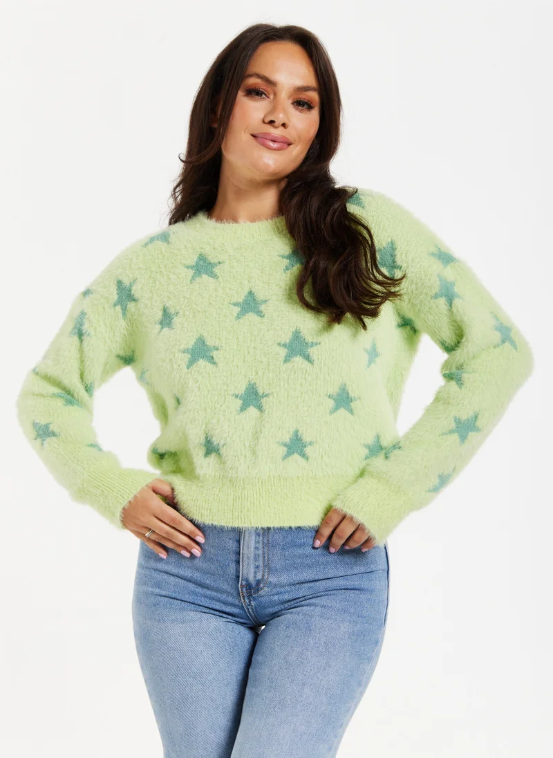 Liquorish Fluffy Green Star Jumper In Pistachio