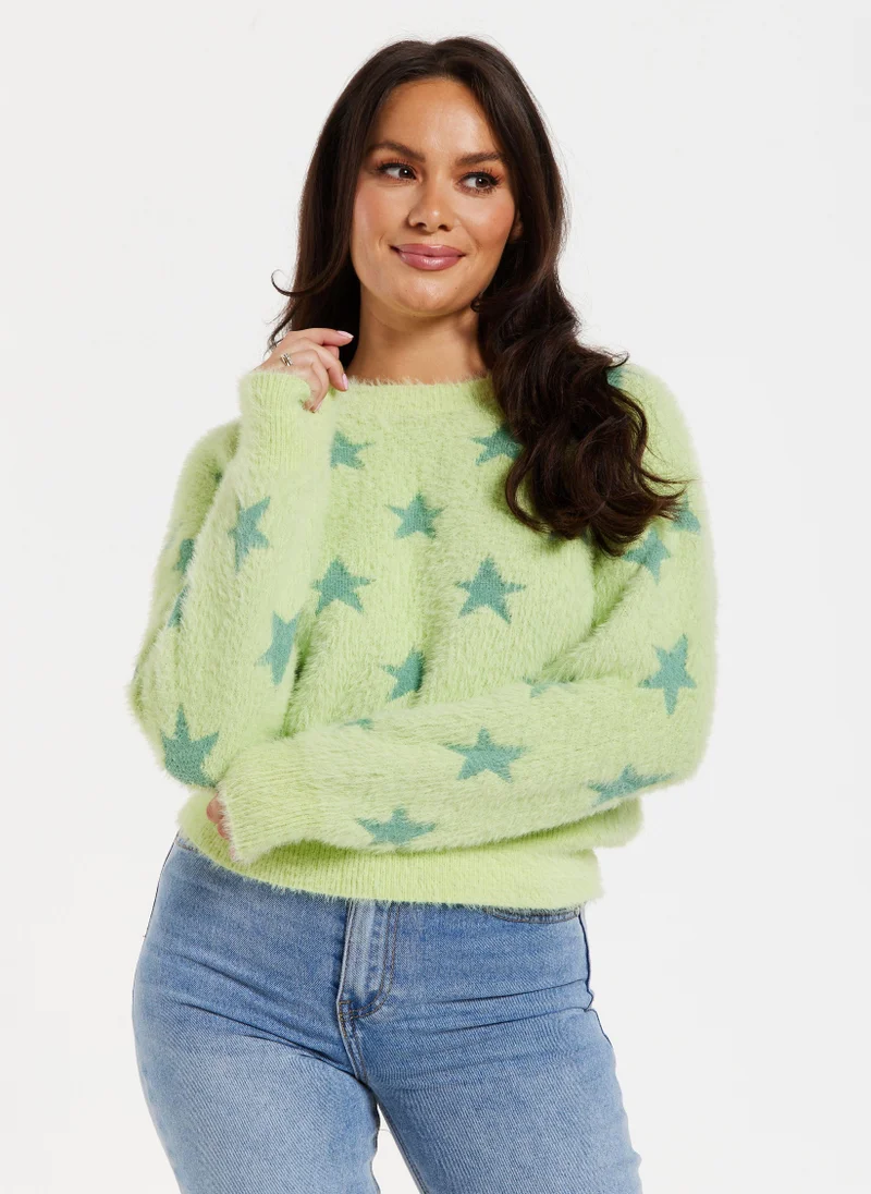Liquorish Fluffy Green Star Jumper In Pistachio