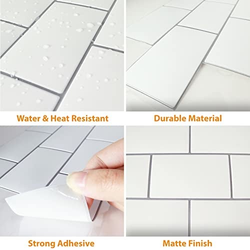 WALPLUS 20 Sheets Peel and Stick Kitchen Backsplash Tile Stickers Self Adhesive Stick on Subway Tile 12" x 6" Bathroom Splashback Water Heat Resistant 3D Wall Tiles Pure White Gray - Image 5