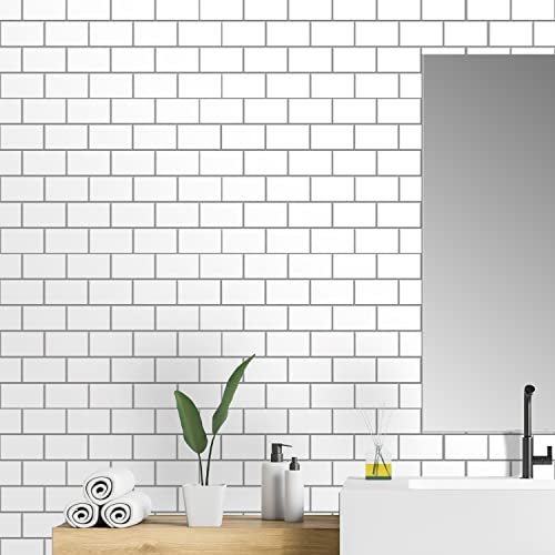 WALPLUS 20 Sheets Peel and Stick Kitchen Backsplash Tile Stickers Self Adhesive Stick on Subway Tile 12" x 6" Bathroom Splashback Water Heat Resistant 3D Wall Tiles Pure White Gray - Image 4