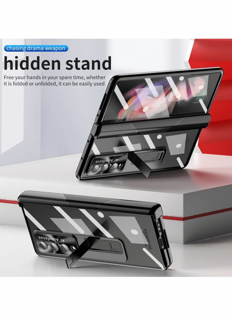 SOLARAE Phone Case Hinge Protection for Samsung Galaxy Z Fold 4, Z Fold 4 Case S Pen Holder Transparent Plating PC Bulit -in Front Glass Kickstand All-Inclusive Case for Samsung Z Fold 4 5G (Black) - Image 3