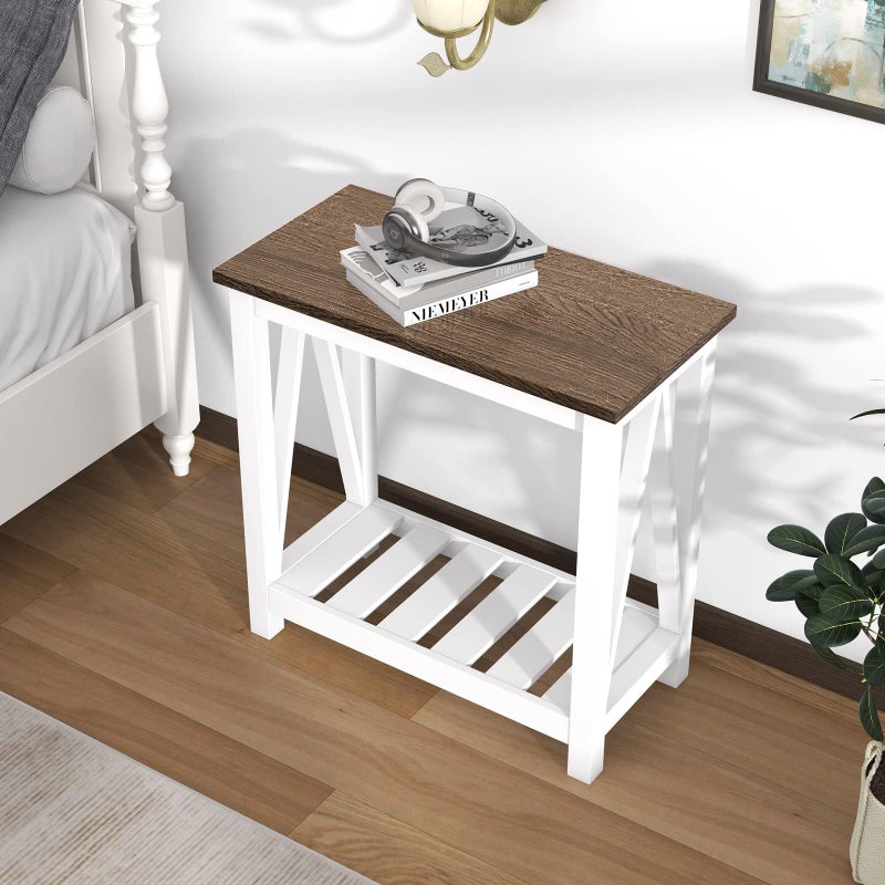 ChooChoo Farmhouse End Table, Narrow Side Table, Slim End Table with Storage Shelf for Small Spaces, Rustic Nightstand, for Living Room, Bedroom White - Image 3