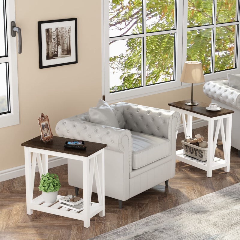 ChooChoo Farmhouse End Table, Narrow Side Table, Slim End Table with Storage Shelf for Small Spaces, Rustic Nightstand, for Living Room, Bedroom White - Image 4
