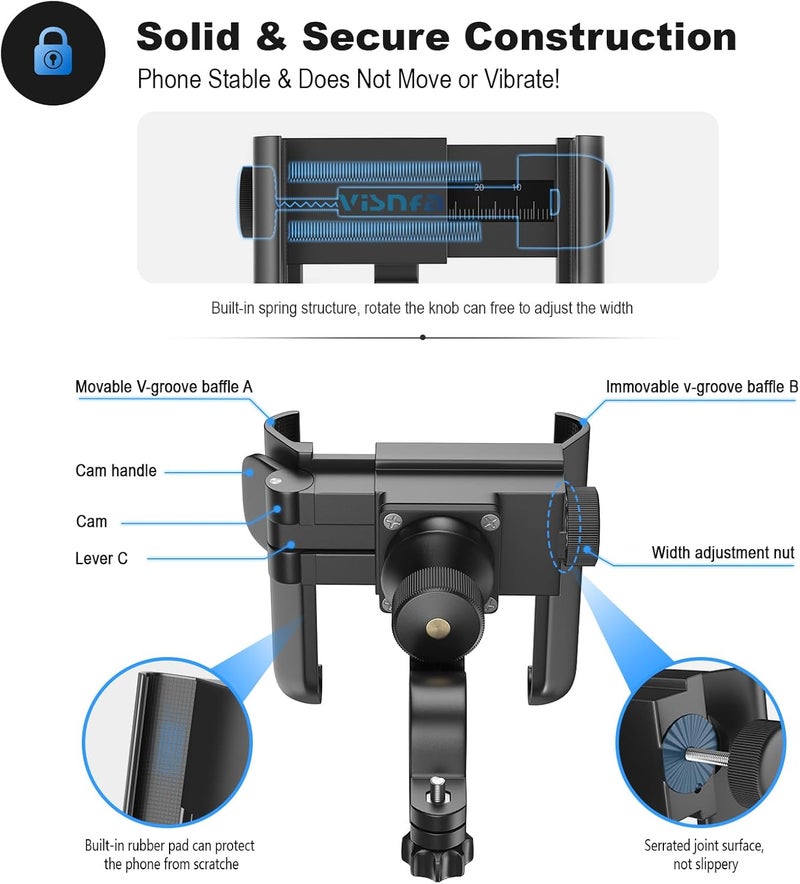 visnfa Upgraded Bike Phone Mount 360° Rotatable Universal Bicycle Motorcycle Scooter Bike Accessories Handlebar Phone Clip Holder for Any Smartphones Between 3.5 and 7.0 inches - Image 5