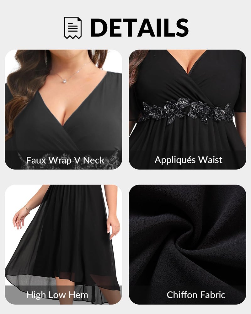 Talisea Black Dress Plus Size Wedding Guest Cocktail Formal Chiffon Appliques V Neck Short Sleeve High Low Dresses Women - Image 5