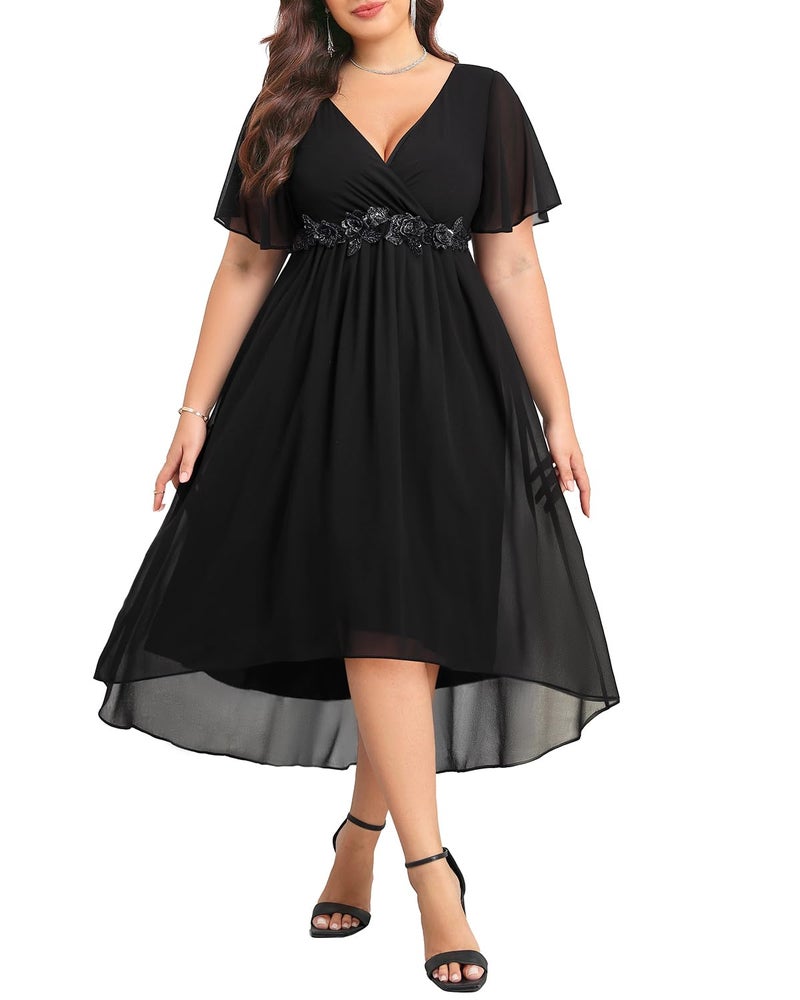 Talisea Black Dress Plus Size Wedding Guest Cocktail Formal Chiffon Appliques V Neck Short Sleeve High Low Dresses Women - Image 2