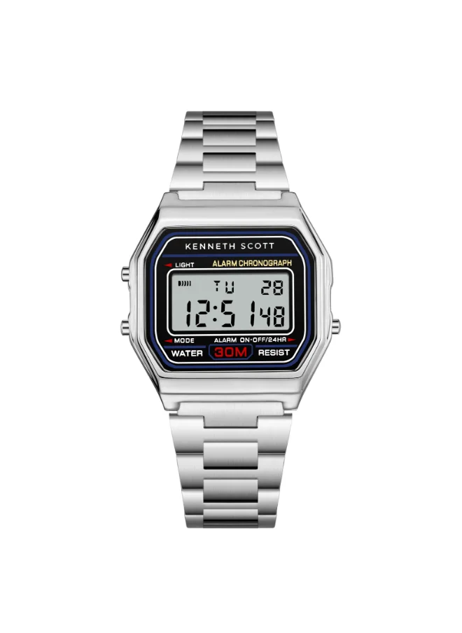 كينيث سكوت Men's  Digital Display Watch With Silver Stainless Steel Strap - K25206-SBSB