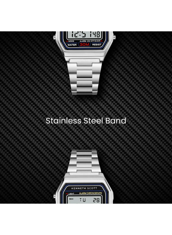كينيث سكوت Men's  Digital Display Watch With Silver Stainless Steel Strap - K25206-SBSB