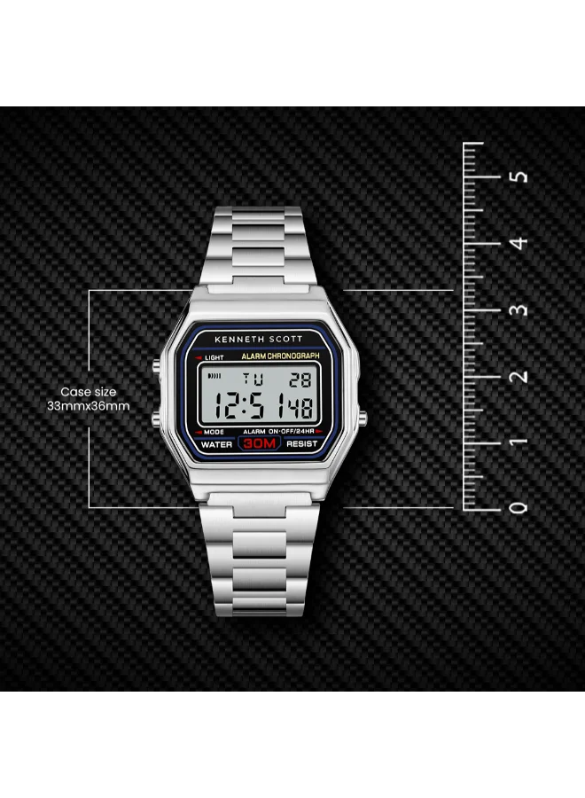 كينيث سكوت Men's  Digital Display Watch With Silver Stainless Steel Strap - K25206-SBSB