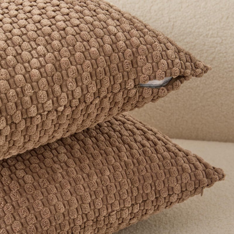 UGS UGASA UGASA Velvet 12x20 Inch Lumbar Throw Pillow Cover, Both Sides Corduroy Striped, Soft Solid Decorative Rectangular Cushion Case for Couch/Bedroom/Car, 1 Piece, Light Brown - Image 2
