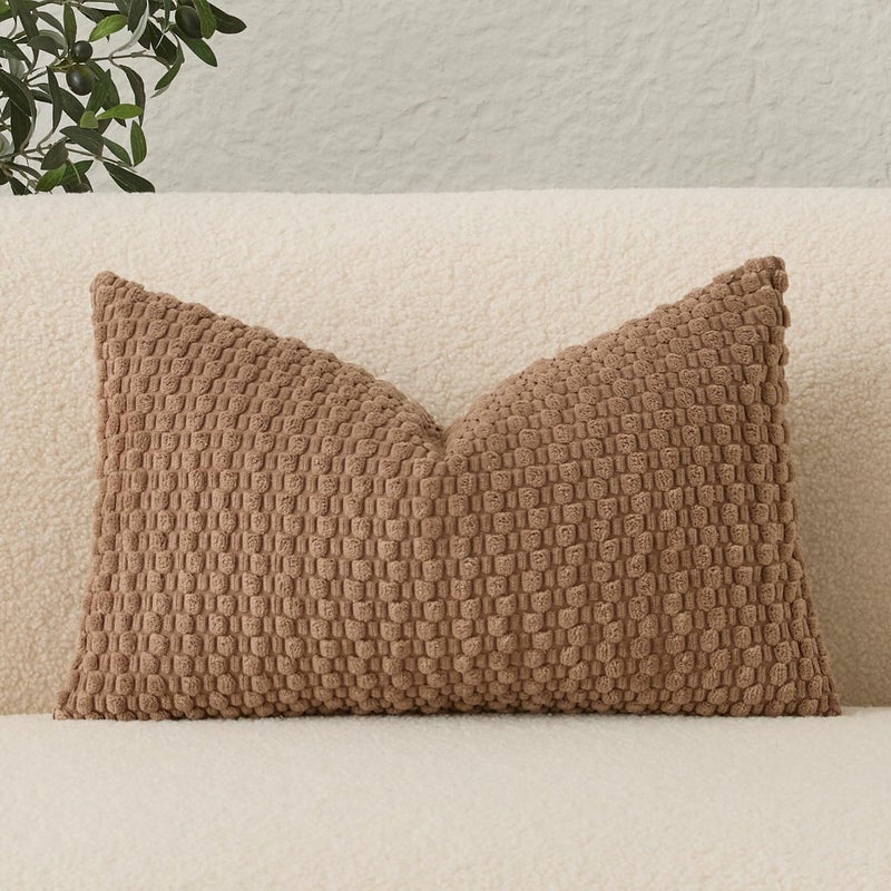 UGS UGASA UGASA Velvet 12x20 Inch Lumbar Throw Pillow Cover, Both Sides Corduroy Striped, Soft Solid Decorative Rectangular Cushion Case for Couch/Bedroom/Car, 1 Piece, Light Brown - Image 1