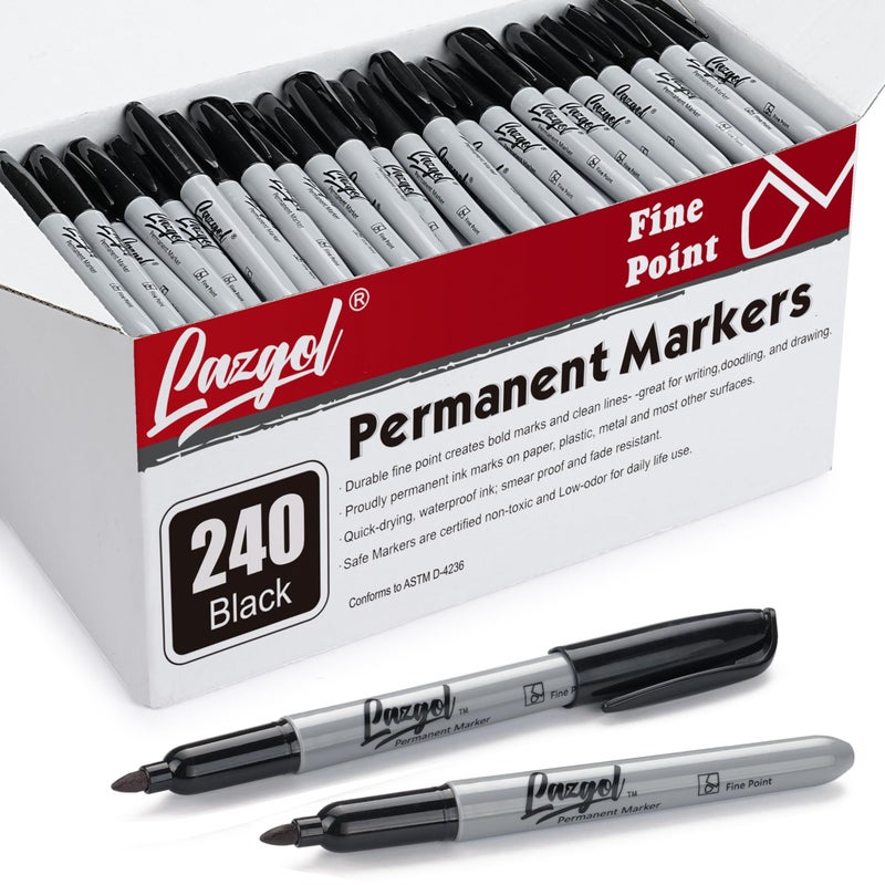 LAZGOL Permanent Markers Bulk, 240 Pack Black Permanent Marker Set, Fine Tip, Waterproof Markers, Premium Smear Proof Pens, Waterproof, Quick Drying, Office Supplies for School, Office, Home - Image 1