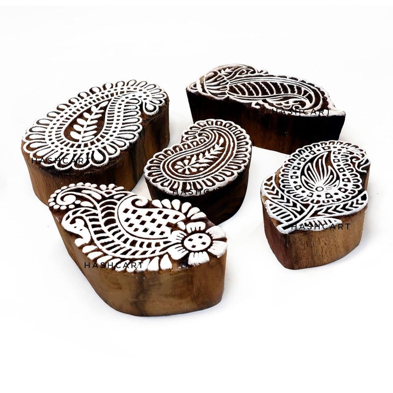 TWOGRAMS Paisley Design Wood Block Printing Stamps - Wooden Blocks for Block Printing Stamp for Saree Border Scrapbooking Textile Paper | Set of 5 | - Image 2