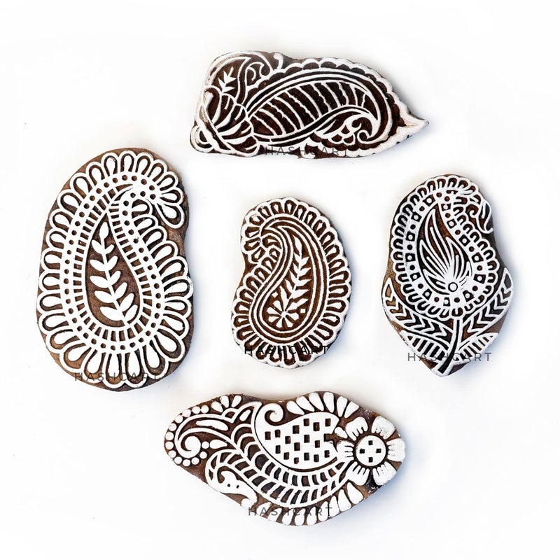 TWOGRAMS Paisley Design Wood Block Printing Stamps - Wooden Blocks for Block Printing Stamp for Saree Border Scrapbooking Textile Paper | Set of 5 | - Image 1