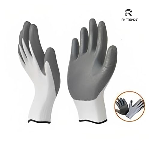 RK TRENDS Safety Gloves - Nylon, Nitrile-Coated Palms for Enhanced Grip - Ideal for Precision Work, Mechanics, and DIY Projects (Pack of 1 Pair, Grey-White (Nitrile Coated) - Image 3