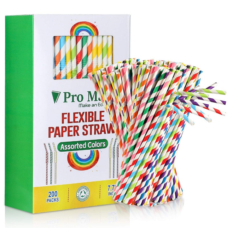 Pro Mael Paper Drinking Straws Flexible Straws for Juices Shakes Smoothies Disposable Straw for Birthdays Weddings  Party 200 Pack 5 Colors