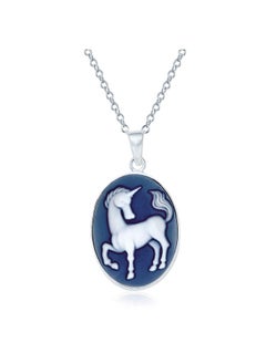 Vintage Antique Style Simulated Agate Pegasus Carved Oval Medallion Celestial Blue Mythical Unicorn L Cameo Necklace Pendant For Women .925 Sterling Silver Custom Engraved