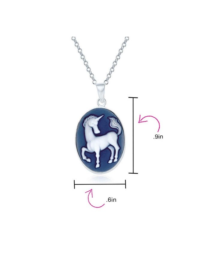 BLING JEWELRY - Vintage Antique Style Simulated Agate Pegasus Carved Oval Medallion Celestial Blue Mythical Unicorn L Cameo Necklace Pendant For Women .925 Sterling Silver Custom Engraved - Image 1