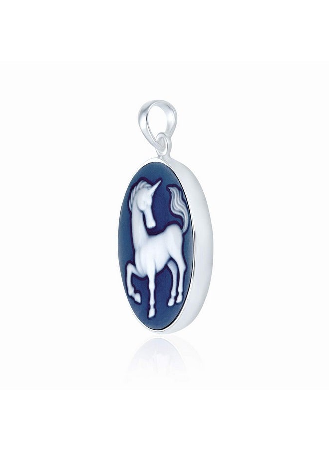 BLING JEWELRY - Vintage Antique Style Simulated Agate Pegasus Carved Oval Medallion Celestial Blue Mythical Unicorn L Cameo Necklace Pendant For Women .925 Sterling Silver Custom Engraved - Image 1