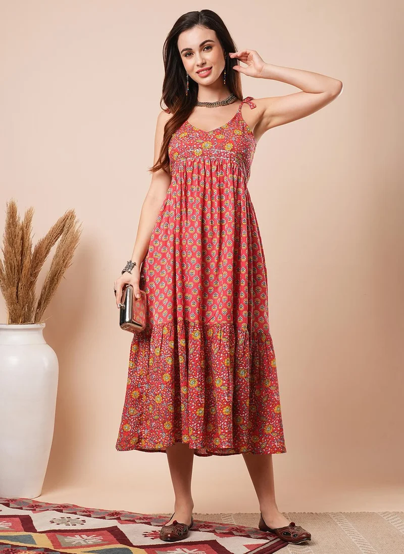 globus Globus Women Floral Printed Cotton Tiered Empire Midi Ethnic Dresses