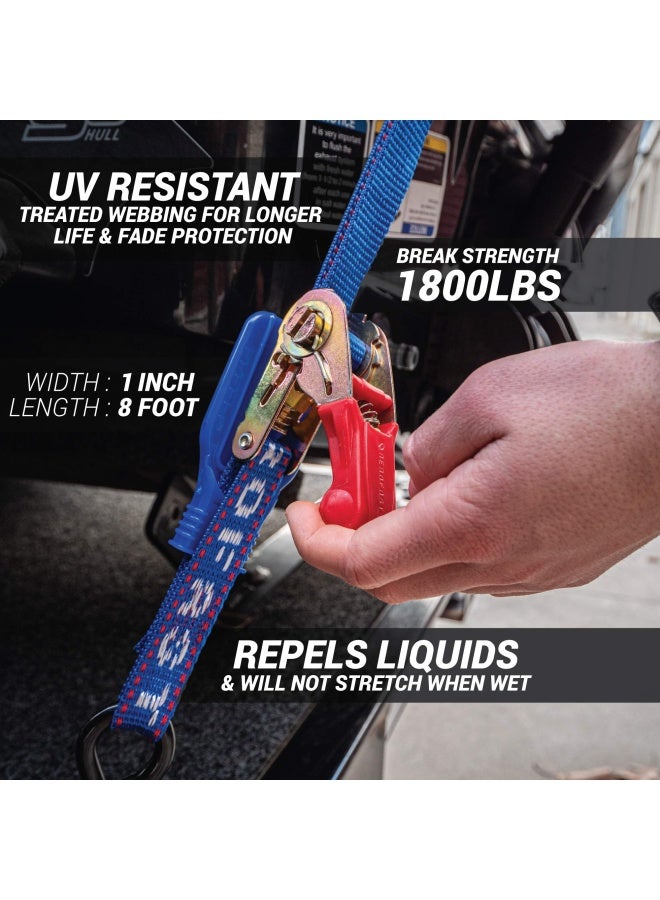 Jetski Ratchet Strap Tie Down Strap - Made in NZ - 1  x 8   Heavy Duty Tiedown with Floating PVC Hook - for Jetskis  Seadoo  Waverunner & PWCs - 1 800lbs Break Strength - 1 Strap  Blue  - Image 2
