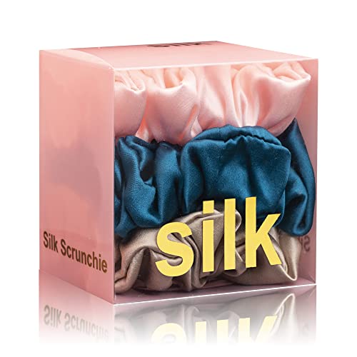 Silmer Silk Scrunchies for Hair 100% Mulberry Silk Hair Ties 3 Pack(Pink, Peacock Blue, Apricot) - Image 1