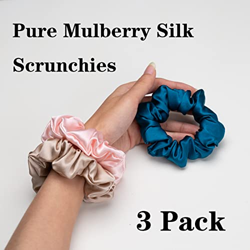 Silmer Silk Scrunchies for Hair 100% Mulberry Silk Hair Ties 3 Pack(Pink, Peacock Blue, Apricot) - Image 2
